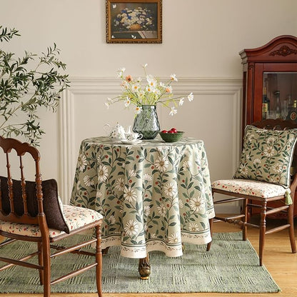 ISAENNE Designer Green Linen Small Round Tablecloth,Floral French Country Indoor Table Cloth,Stain Resistant Home Decor Tablecloths for Dining Kitchen Thanksgiving Party,Diameter 55"-Brune