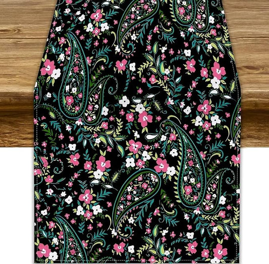 Paisley Table Runner, Abstract Vintage Boho Pink Paisley Flowers Green Teal Leaves Print Table Runner for Dinning Holiday Party Indoor Outdoor Decor, 13x70inch