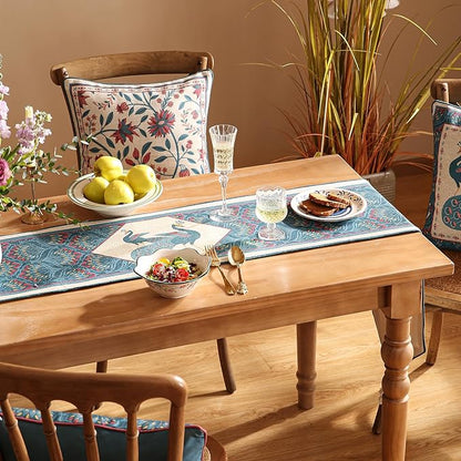 Vintage Blue Peacock Table Runner for Table,Decorative Linen 87 Inches Long Table Runners,Cheesecloth Decor Tabletop for Kitchen,Dining,Tea Party,Home,Christmas,12"*87"