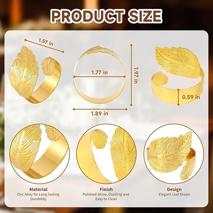 Gold Napkin Rings, Shiny Metal Napkin Rings Set of 12, Study Leaf Shaped Table Decor, Stylish Fall Napkin Ring Bulk for Christmas, Easter, Wedding, Party, Elegant Table Settings Gift Ideas