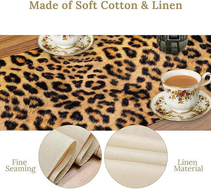 Leopard Print Dinning Table Runner, Cotton Linen Rustic Cottage Country Farm Safari Wildlife Fur Print Table Runners for Table Dresser Runner Dinning Kitchen Party Holidays Home, 13x70 Inch