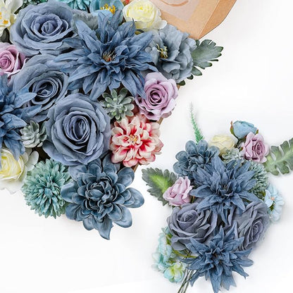 AmyHomie Blue Artificial Flowers Combo Silk Mix Peony Rose Hydrangea Fake Flowers w/Stem for DIY Wedding Bouquets Centerpieces Arrangements Table Decor Party Bridal Baby Shower Home Decorations