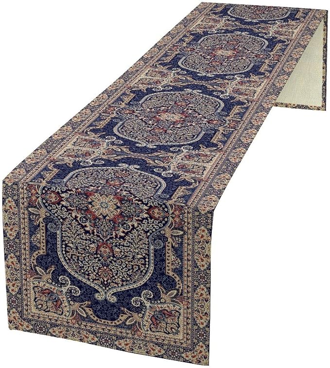 Vintage Boho Floral Table Runner, French Rustic Country Farmhouse Purple Golden Bohemia Flower Pattern for Home Kitchen Table Decor Dining Coffee Room Party Decor 13x72in