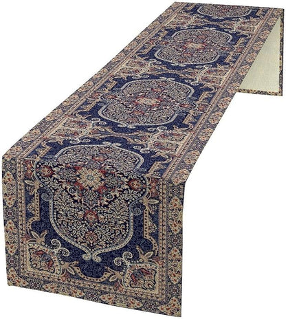 Vintage Boho Floral Table Runner, French Rustic Country Farmhouse Purple Golden Bohemia Flower Pattern for Home Kitchen Table Decor Dining Coffee Room Party Decor 13x36in