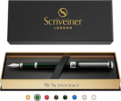 Scriveiner British Racing Green Fountain Pen - Stunning Luxury Pen with Chrome Finish, Schmidt Nib (Medium), Best Pen Gift Set for Men & Women, Professional, Executive, Office, Nice Pens
