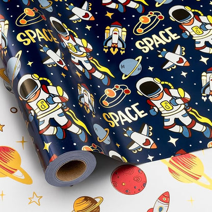Yarcony Space Wrapping Paper Roll, Birthday Wrapping Paper for Boys, Navy Blue Astronaut Gift Wrap for Kids Birthday Outer Space Party Decor RocketShip Wrap Galaxy Planets Stars (17 Inch X 33 Feet)