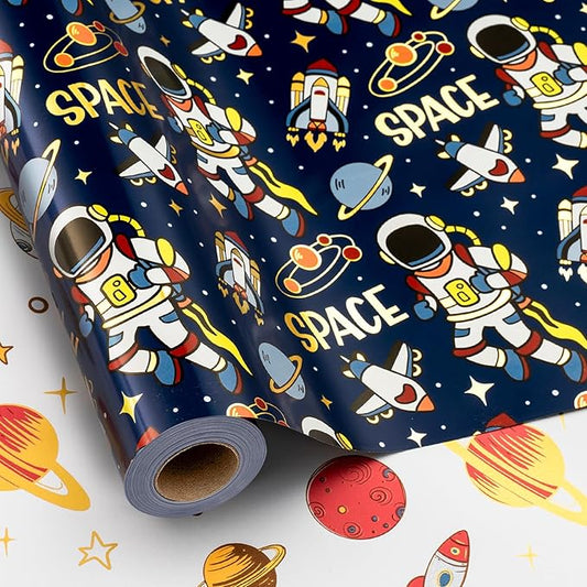 Yarcony Space Wrapping Paper Roll, Birthday Wrapping Paper for Boys, Navy Blue Astronaut Gift Wrap for Kids Birthday Outer Space Party Decor RocketShip Wrap Galaxy Planets Stars (30 Inch X 33 Feet)
