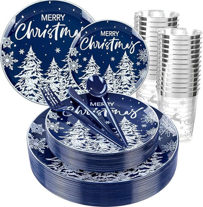 Supernal 150pcs Christmas Dinnerware Set - Blue and White Plates With Trees Design, Blue Silverware, Santa and Moose Silver Cups for New Year