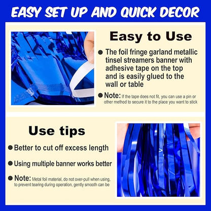 4 Pack 10 Ft Blue Foil Fringe Garland Metallic Streamers Tinsel Banner Wall Hanging Garland Backdrop for Parade Floats, Halloween, Christmas, Thanksgiving, New Year Party Decorations