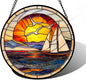 Stained Glass Window Hanging, Sun Ocean Sailboat Seagull Abstract Suncatcher Diamond Glass Panel Sun Catchers Decor for Birthday for Women, Men, Wife, Aunt, and Mom 6.3 in
