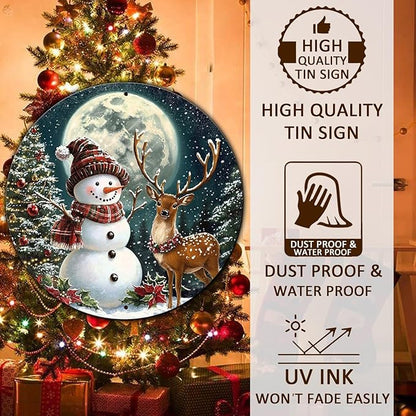 Christmas Snowman Decor Round Metal Tin Sign Christmas Deer Vintage Tin Sign for Home Coffee Wall Decor for Christmas Family Wall Decoration 12 * 12 in