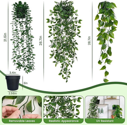 3 Pack Small Fake Hanging Plants, Artificial Eucalyptus, Pothos & Mandala Vines with Plastic Pot for Indoor Home Decor, Wall, Office, Bathroom, Kitchen, Shelf, Farmhouse Room Decoration