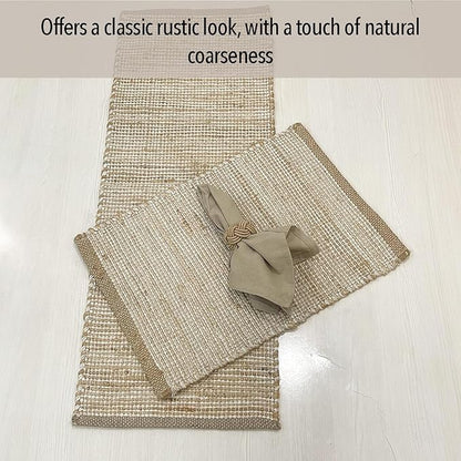 Chardin home Natural Jute Table Runner 13x36 Inch – Vintage Boho Rustic Table Decor – Handwoven Table Runner in Natural Jute and Ivory – Farmhouse Dining or Console Table Accent