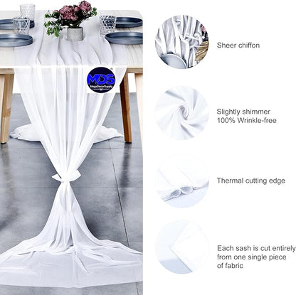MDS 2 Pack 10ft Chiffon Table Runner 29 x 120 Inches Sheer Wedding Runner Romantic Rustic Table Runner for Wedding Decorations, Birthday Parties, Bridal Shower Party Arch Decor - White