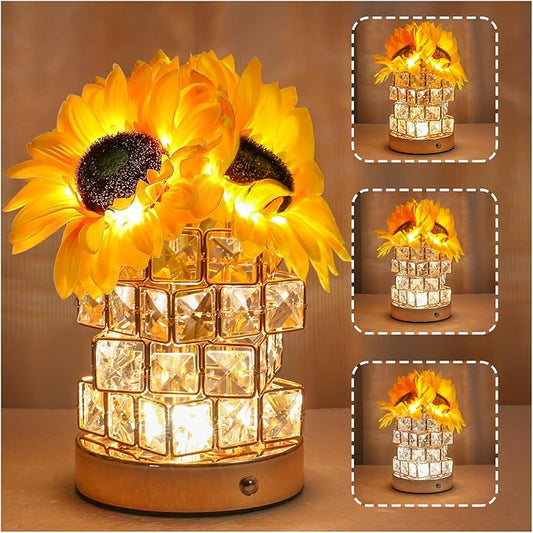 Birthday Gifts for Women/Mom Sunflower Cordless Table Lamp,3 Color Crystal Lamps Touch Bedside Lamps Infinitely Dimming with USB Charge Small Night Light,Nightstand Lamp for Bedroom (Square)