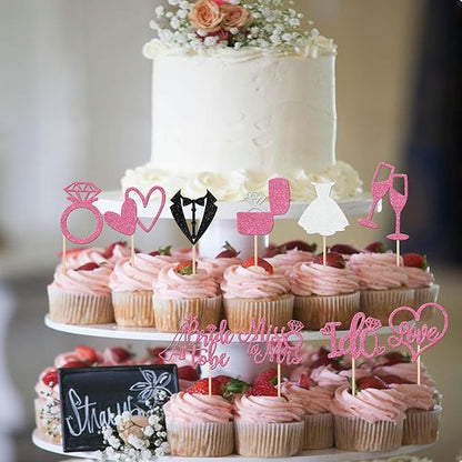 30 PCS Bride to Be Cupcake Toppers Glitter Miss to Mrs I Do Love Heart Ring Cupcake Picks Wedding Bridal Shower Cake Decorations for Wedding Engagement Bachelorette Party Supplies Pink
