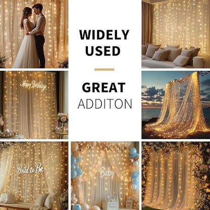 Champagne Tulle Backdrop Curtain with Lights String - 10x10ft Sheer Backdrop with 300 LEDs for Wedding, Baby Shower, Bridal Shower, Birthday Party Photo Shoot Background and Home Decorations