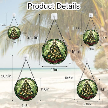 Stained Glass Window Hanging - Green Christmas Tree Golden Bells Suncatcher for Doors Home Christmas Decoration Sun Catcher Thanksgiving New Year Birthday Gift for Women Men Mom Nana 9.8 in
