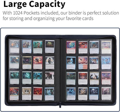 Snekdy premium 1024-pocket trading card binder, 16-pocket cards album, waterproof PU-leather Cover album with side loading, holds gaming, baseball, basketball & sports cards (Blue)