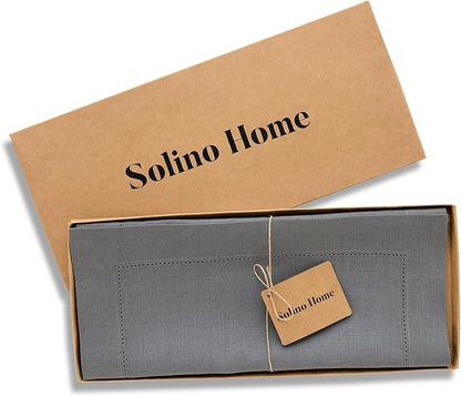 Solino Home Linen Steel Gray Table Runner 120 Inches Long - 100% Pure Linen Hemstitch 14 x 120 Inch Table Runner for Dining, Fall, Autumn - Classic Hemstitch
