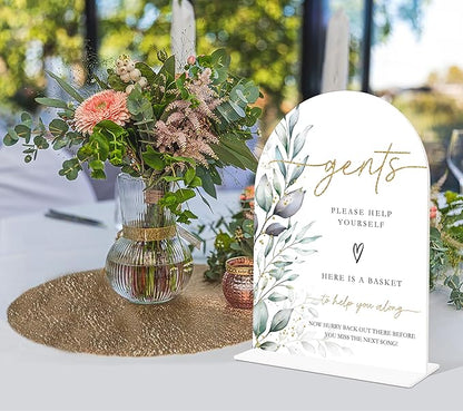 Acrylic Wedding Signs, Greenery Theme Gents Please Help Yourself Sign, Bridal Shower Table Decor with Stand, Wedding Bathroom Basket Supplies for Engagement, Anniversary, Newlywed Event and Party, 08
