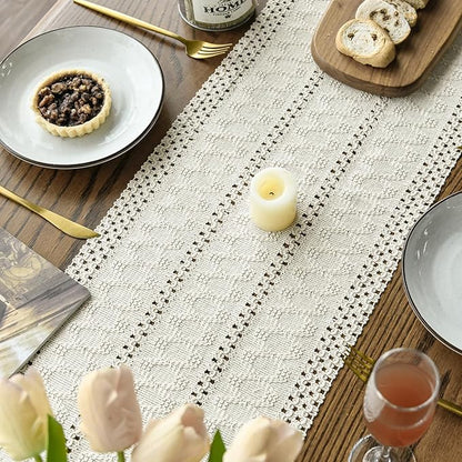 Artoid Mode Beige Farmhouse Woven Rustic Hollow Table Runner, Seasonal Holiday Hollow Kitchen Dining Table Decoration for Home Party Decor 12x108 Inch