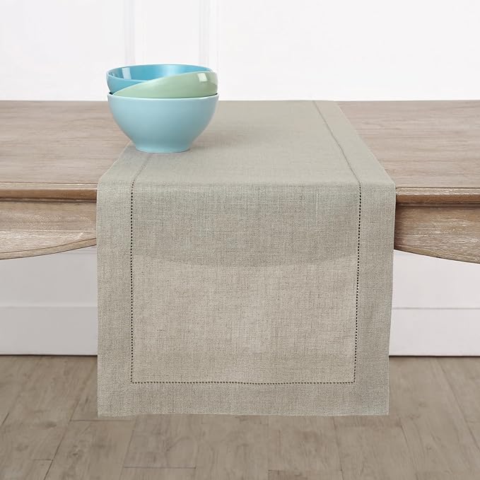 Solino Home Linen Natural Table Runner 72 Inches Long - 100% Pure Linen Hemstitch Table Runner 14 x 72 Inch for Dresser, Dining, Fall, Autumn, Halloween, Thanksgiving, Christmas - Classic Hemstitch