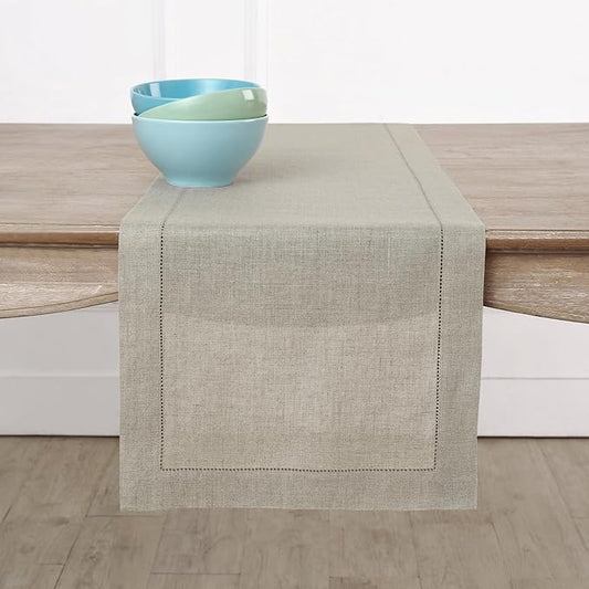 Solino Home Linen Natural Table Runner 72 Inches Long - 100% Pure Linen Hemstitch Table Runner 14 x 72 Inch for Dresser, Dining, Fall, Autumn, Halloween, Thanksgiving, Christmas - Classic Hemstitch