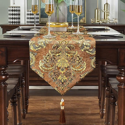 Deluxe Embroidered Table Runner 84" Decoration for Wedding Reception Banquet Meeting Tables Caramel