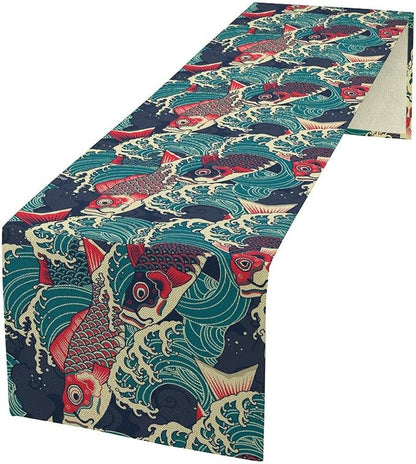 Kio Fish Table Runner Waves Japanese Tradition Art Printed Burlap Runner Home Kitchen Dining Table Living Room Decor Fabric 1 Panel W13xL108in