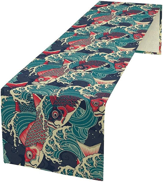 Kio Fish Table Runner Waves Japanese Tradition Art Printed Burlap Runner Home Kitchen Dining Table Living Room Decor Fabric 1 Panel W13xL60in