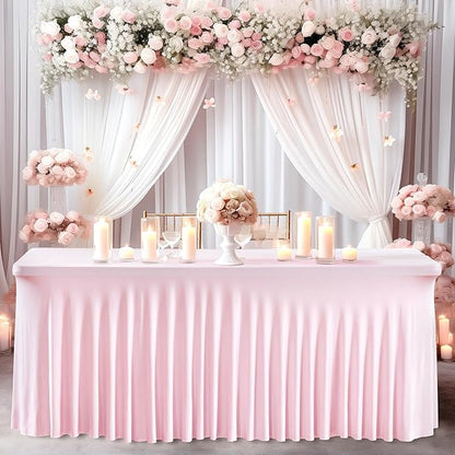 2 Pack Pink Spandex Table Clothes for 8 Foot Rectangle Tables, 8FT Wrinkle Free Fitted Tablecloths Ruffles Design Table Cover for Party, Banquet, Wedding and Events