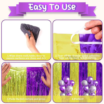 3 Pack 3.3 x 8.2 ft Purple and Gold Foil Fringe Backdrop Curtains, Tinsel Streamers Party Decorations, Fringe Backdrop, Door Shimmer for Graduation or Birthday Party