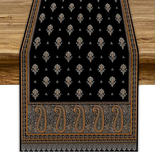 Vintage Paisley Table Runner, Boho Brown Black Flowers Leaves Print Table Runner for Home Dining Kitchen Table Party Wedding Decor, 13x108inch