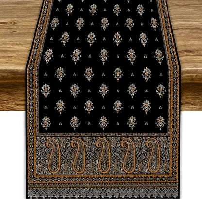 Vintage Paisley Table Runner, Boho Brown Black Flowers Leaves Print Table Runner for Home Dining Kitchen Table Party Wedding Decor, 13x60inch