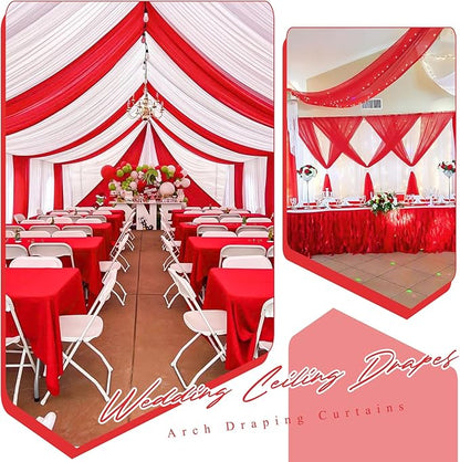 6 Panels Red Ceiling Drapes for Wedding 5ftx10ft Chiffon Fabric Arch Draping Curtains Sheer Drapery for Party Ceremony Birthday Baby Shower Reception Stage Swag Ceiling Decorations