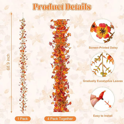 Fall Mums Flowers Artificial Garland for Decoration, 4 Pack 5.9 FT Faux Mums with Eucalyptus Leaves Ivy, UV Resistant Fake Fall Daisy Floral Vine Flowers for Home Garden Wedding Backdrop Decor