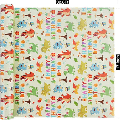 Aimyoo Dinosaur Birthday Wrapping Paper Roll - 17 Inch X 32.8 Feet - Green Happy Birthday Dino Pattern Gift Wrap Paper for Boys Party, Baby Shower, Holiday