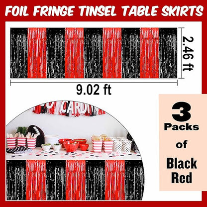3 Pack Black and Red Foil Fringe Table Skirts Metallic Tinsel Streamers Garland Banner Backdrop for Table Decor, Parade Float, Birthday, Wedding, Halloween, Christmas Party Decorations(29x108 In)