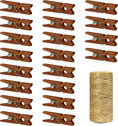 Mini Natural Wooden Clothespins with Jute Twine, 250pcs, 1 Inch Photo Paper Peg Pin Craft Clips with 66ft Natural Twine for Scrapbooking, Arts & Crafts, Hanging Photos (Rustic Brown)