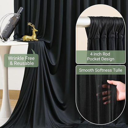 Black Tulle Backdrop Curtain for Parties Wedding,5ft x 10ft Wrinkle Free Curtain Backdrop,2 Layer Drapes for Backdrop,Polyester Wedding Back Drop for Bridal Shower Birthday Baby Shower Photography