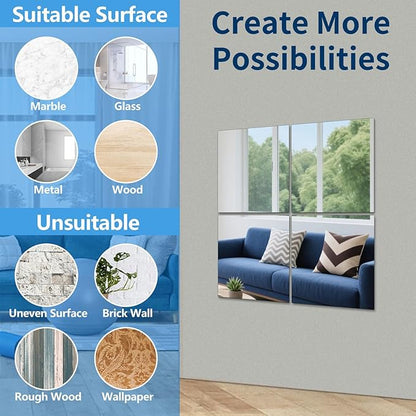 Unbreakable Acylic Small Mirror Tiles for Kids, (4-Pcs 13.5x13.5 Inch) Plastic Mirrors for Wall, Stick on Mirrors for Wall Decor, Shatterproof Mirror for Kids Bedroom