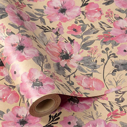RUSPEPA Pink Wrapping Paper Roll, 17 in x 16.4 ft, Mini Roll, Floral Wrapping Paper, Kraft Gift Flower Paper for Women, Girls, Spring, Summer, Wedding and Engagement