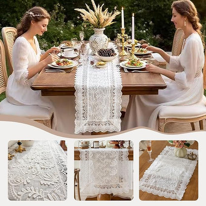 White Elegant Vintage Lace Table Runners,Wedding Lace Decor with Floral Embroidery,Tea Party Decor (White, 13.8X94.5 Inches)