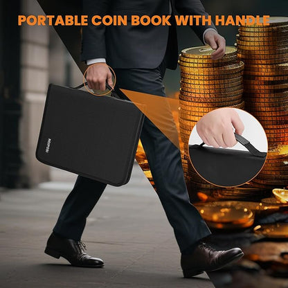 Coin Binder for Collectors with Handle, Fireproof 400 Pockets Coin Collection Album & 36 Paper Currency Book Sleeves, Coin and Bill Organizer Holder Supplies for Quarters, Pennies, 12.8x10.2x1.8inch