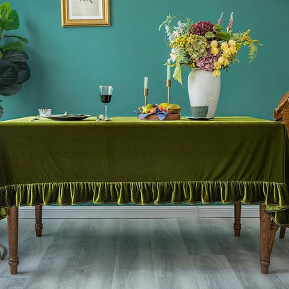 Velvet Tablecloth Luxurious Solid Rectangle Table Cloth,Oblong Retro Farmhouse Ruffle Tablecloths Washable Table Cover for Party Olive Green,52x70 Inches