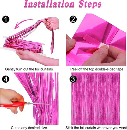 2 Pack Hot Pink Party Decorations, 3.28 FT x 7.05 FT Hot Pink Backdrop, Metallic Rose Red Photo Backdrop Foil Curtains Tinsel Backdrop, Metallic Pink Party Decor Wedding Party Supplies