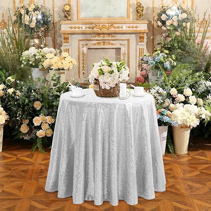 OQSQ Silver 50" Round Sequin Tablecloth, Glitter Tablecloth for Bridal Shower Decorations, Birthday, Wedding, Dessert, Banquet（50X50 inch Round,Silver.