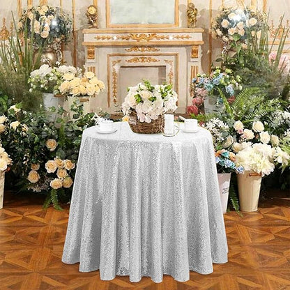 OQSQ Silver 50" Round Sequin Tablecloth, Glitter Tablecloth for Bridal Shower Decorations, Birthday, Wedding, Dessert, Banquet（50X50 inch Round,Silver.