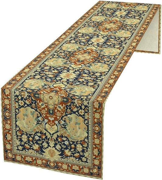 Vintage Boho Floral Table Runner, Elegant Luxurious Rustic Country Farmhouse Navy Blue Gold Retro Flower Pattern for Home Kitchen Table Decor Dining Coffee Room Party Decor 13x120in